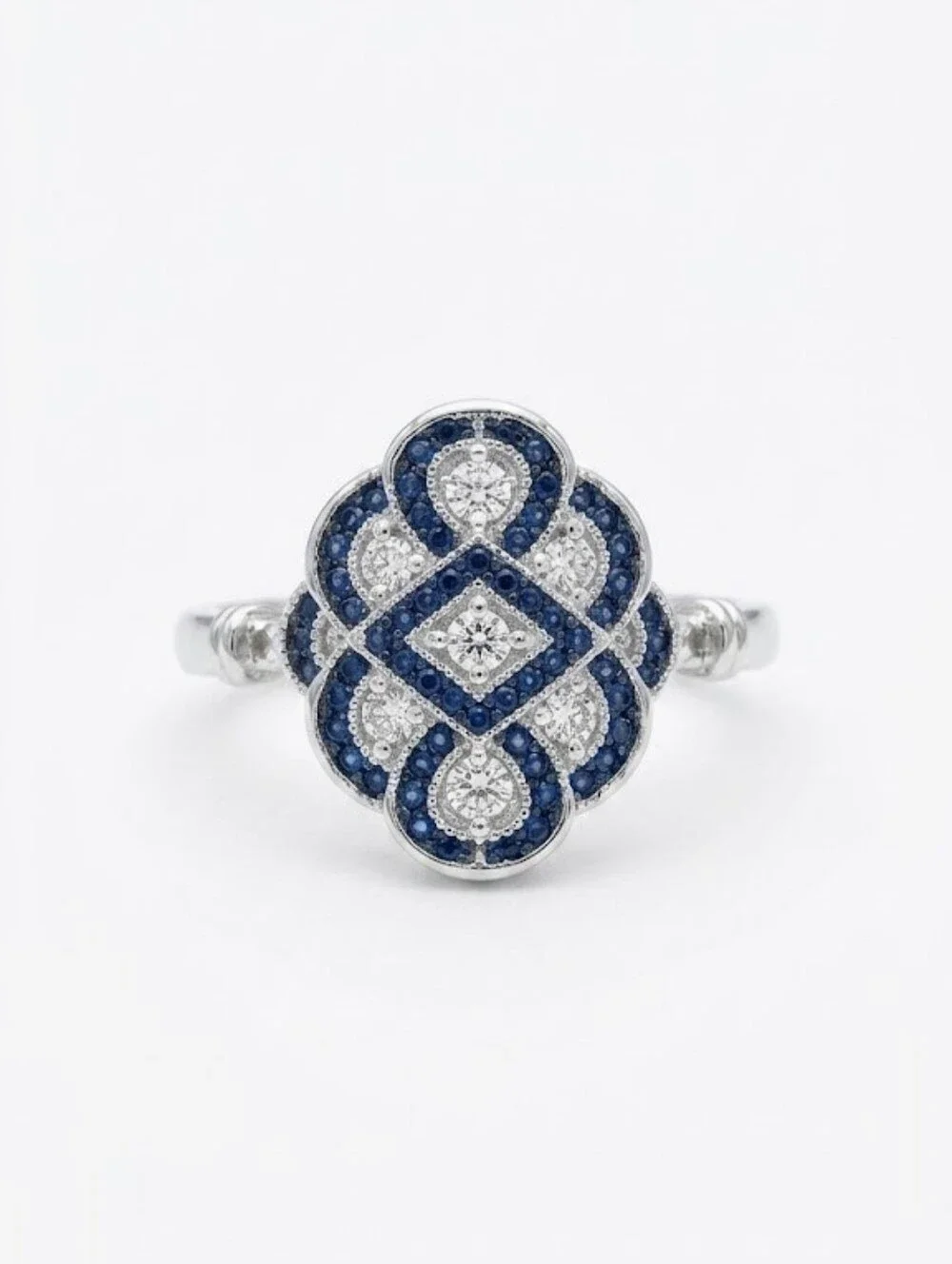Vintage Art Deco Style Blue & White Stone Dinner Ring – Silver Tone Cos